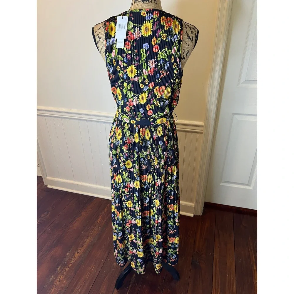 T Tahari sizeS Black Floral Print Pleated Midi Dress Sleeveless V Neck Tie Waist